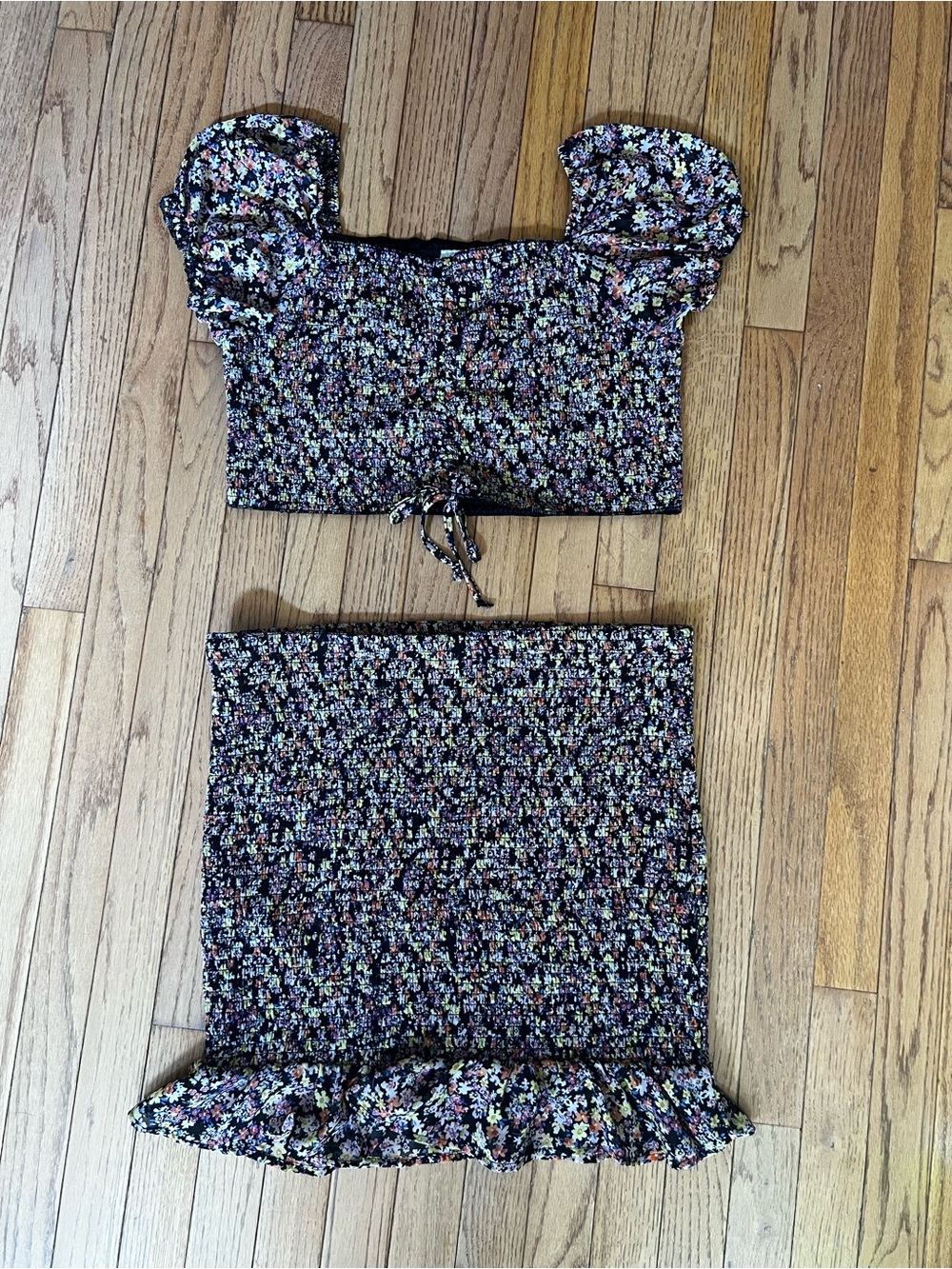 Black Floral Smocked Crop Top & Skirt Set